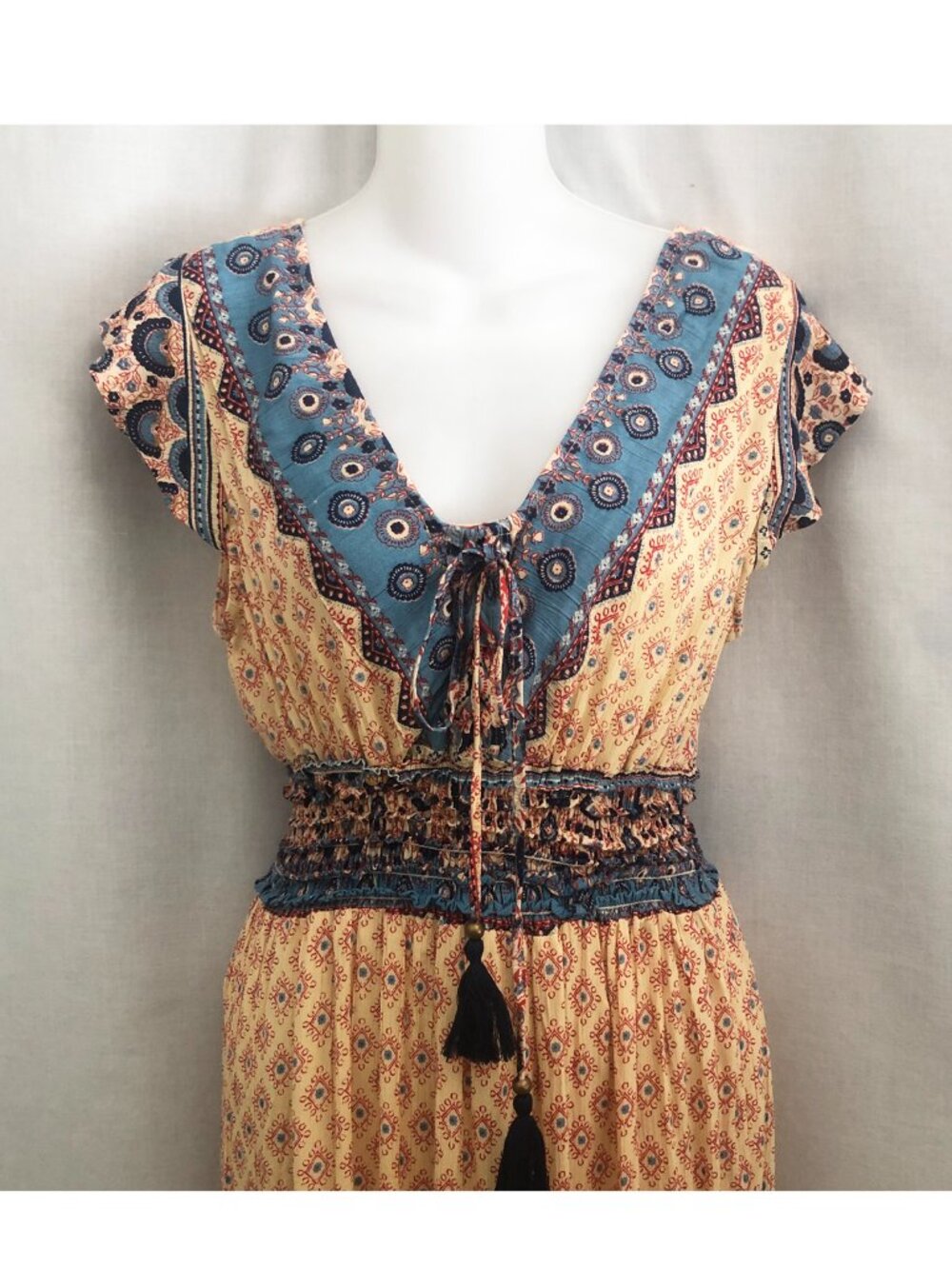 Angie Boho India Print Tassel Tie Maxi Dress Size Small NWT - Picture 4 of 12